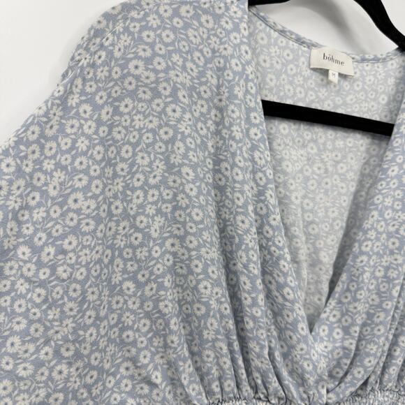 Bohme Smocked Crop Top Medium Baby Blue Ditzy Floral Dolman Sleeve Shabby Chic - Picture 4 of 10